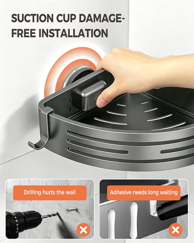 Conworld Corner Shower Caddy Suction Cups, No-Drilling Corner Shower Shelf | 1. No Drilling, No Wall Damage 2. Aluminum, Rustproof 3.Suitable for Ceramic Tiles and Glass Walls