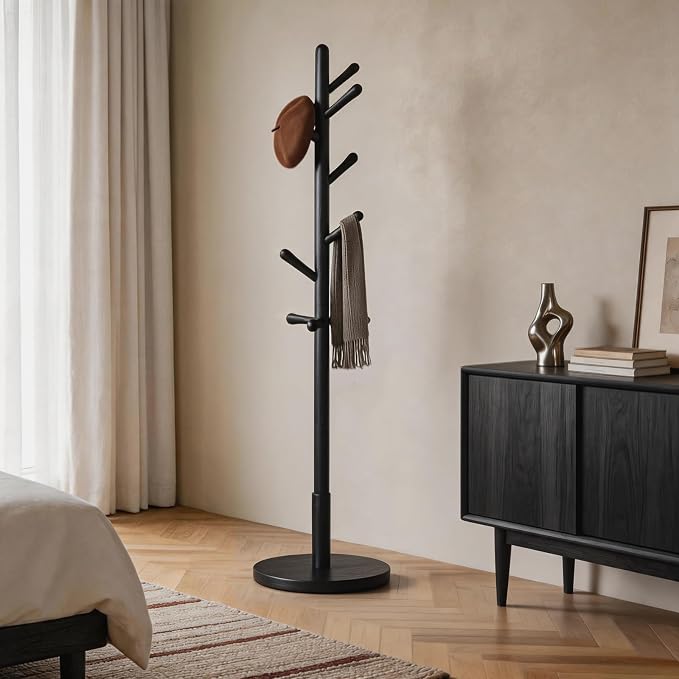 Solid Wood Coat Rack Freestanding with 9 Hooks - Wooden Coat Rack Stand for Entryway, Bedroom, Living Room, Hallway for Coats, Handbags, Hat(Black)