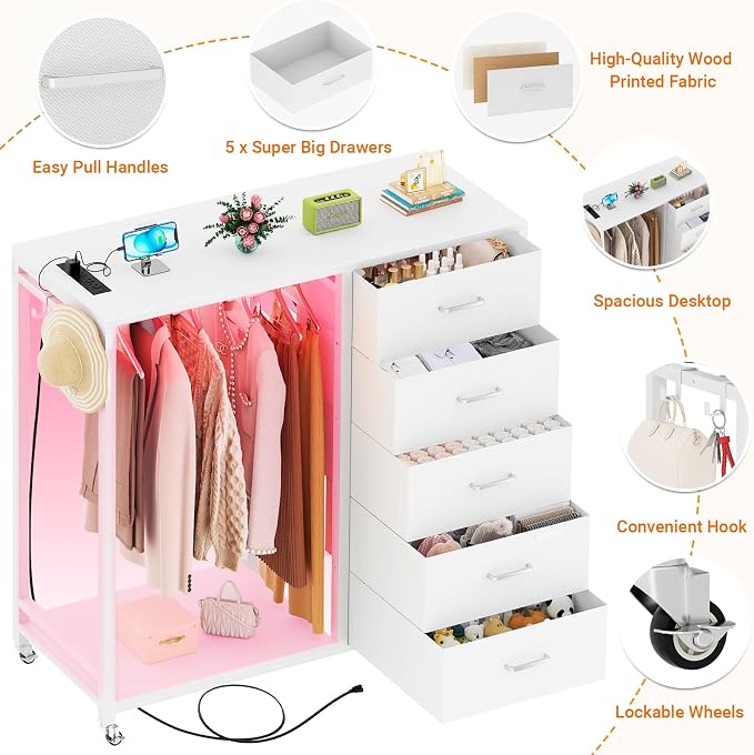 Cyclysio Storage Clothes Rack with 5 Drawers, Garment Rack with Charging Station & LED Lights, Fabric Chest Shelves Clothing Rack, Wooden Portable Wardrobe Closet