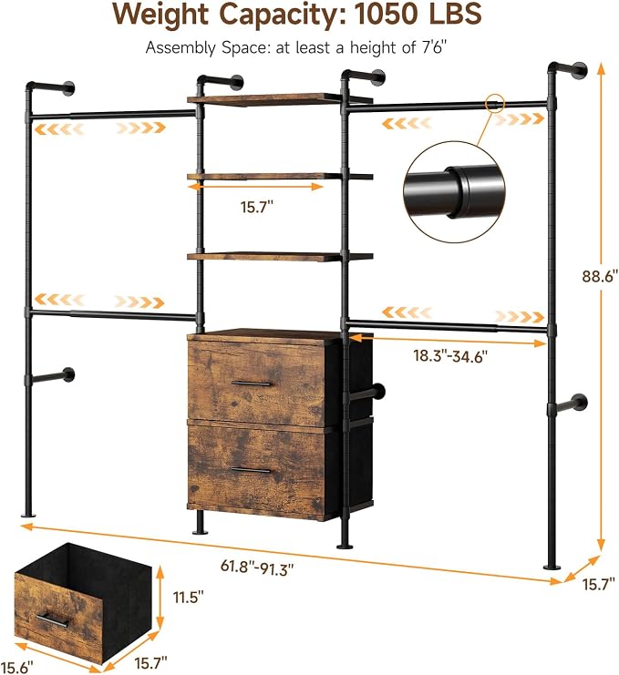 T3 Wall Mounted Industrial Pipe Closet Organizers Storage System | Metal Clothing Rack with 2 Drawers, 6 Wooden Shelves & 4 Expandable Rods, Heavy Duty Garment Rack, Wardrobe (Rustic Brown)