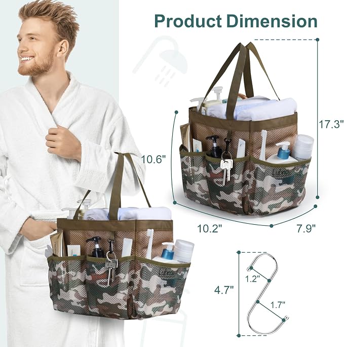 Mesh Shower Caddy Portable - 8 Pockets, S-Hook, Shower Bag for Dorm Camping | 2-Handle, Quick-Dry, Toiletry Organizer, College Dorm Room Essentials for Girls, Gym, Travel & Bathroom, Brown Camouflage