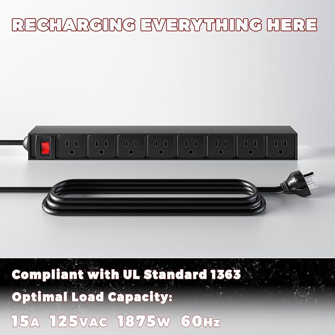 Power Tool Organizer with Charging Station, Built in 8 Outlet Power Strip, Large 8 Drill Holder Wall Mount, Heavy Duty Metal Power Tool Storage Rack Tool Shelf for Garage Organization Red