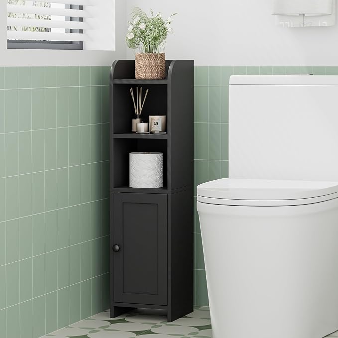 Homhedy Small Bathroom Storage Cabinet, Narrow Toilet Paper Cabinet | Corner Floor Cabinet with Door and Shelves, Slim Bathroom Cabinet for Small Spaces, 9.8" D x 7.9" W x 31" H, Black