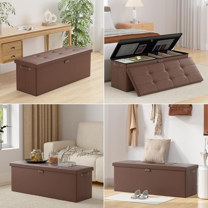 DocSafe Storage Ottoman Bench,Fireproof＆Waterproof Folding Bench with Lock(15”x 43”x15”),Leather Storage Chest with Handles＆2 Extra Boxes,Ottoman Safe for Bedroom,Living Room,Home Office,Brown