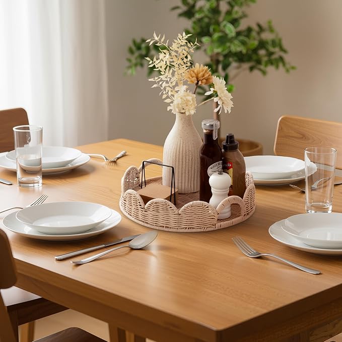 GRANNY SAYS Wicker Decorative Scalloped Trays for Home Decor, Coffee Table Trays with Handles, Woven Rattan Tray for Kitchen Counter, Round Serving Tray Decor for Living Room and Ottoman