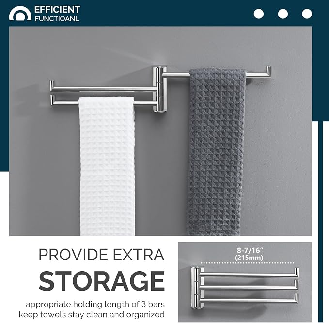 Angle Simple Swivel Hand Towel Rack, Foldable 3 Bars, Polished Chrome | Solid SUS304 Stainless Steel, Kitchen Towel Holder, Triple Arms Space Saving, 9.84"