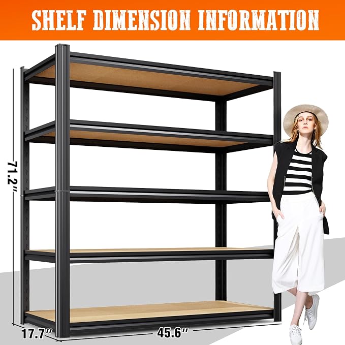 6 Pack Garage Shelving Heavy Duty Storage Shelves, Metal Adjustable Shelving Unit, Utility Garage Organizer Shelf for Basement, Pantry, Kitchen, Warehouse, 71.2" Hx45.6 Wx17.7 D, Black