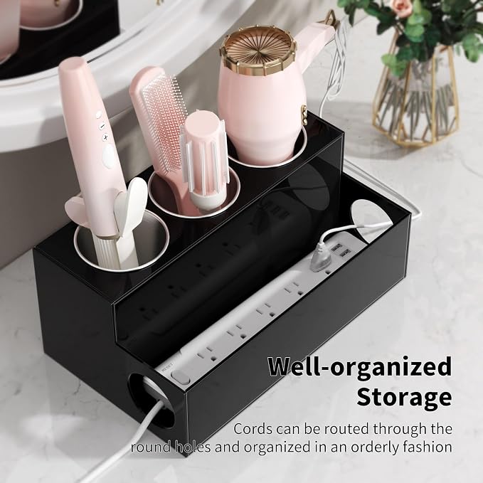 NIUBEE Acrylic Hair Tool Organizer,Hair Dryer Holder Countertop with 3 Cups | Black, Hot Tools Organizer, Hair Blow Dryer Organizer for Curling Iron, Brush, Straightener, Makeup,Skincare,Vanity, Bathroom