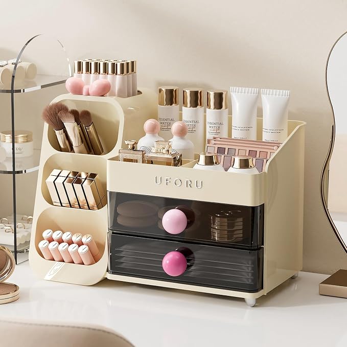 UFORU Makeup Organizer Countertop with Brush Holder for Vanity Bathroom | Large Capacity, Thickened Plastic, 2 Clear Drawers, Compact Size, Detachable Brush Holder, Divided Compartments, Easy Access