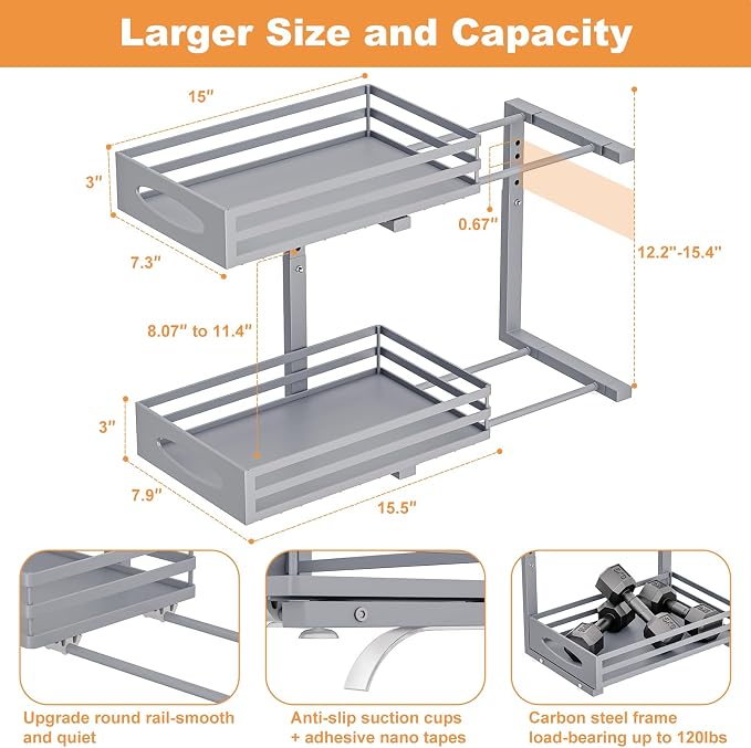 Under Sink Organizer, 2 Tier Under Sink Organizers and Storage, Adjustable Height, Slide out Metal Cabinet Organizers, Pull out Cabinet Storage Drawer Shelf for Kitchen Bathroom (Gray, 1 Pack)