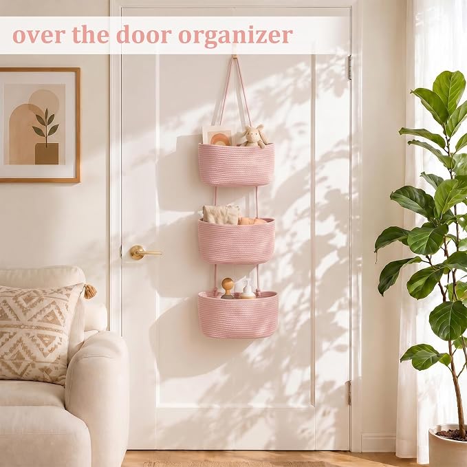 TeoKJ Over the Door Hanging Basket, 3-Tier Woven Cotton Wall-Mounted Storage Organizer Bag Decorative Hanging Nursery Baskets, Pink