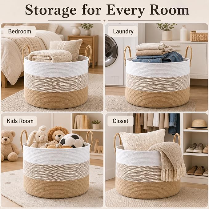 JMvicyroam 115L Extra Large Machine Washable Cotton Rope Blanket Basket | Collapsible laundry hamper, Reinforced handles, For blankets,pillows,toys and clothes, Living room and bedroom,White&Jute Mix