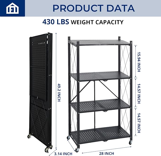 4 Tier Foldable Storage Shelf with Wheels, Collapsible Metal Rack Shelving Unit, No Assembly Required, Rolling Cart Shelf Rack Organizer for Books, Garage, Kitchen, Closet, Pantry, Exhibition, Black