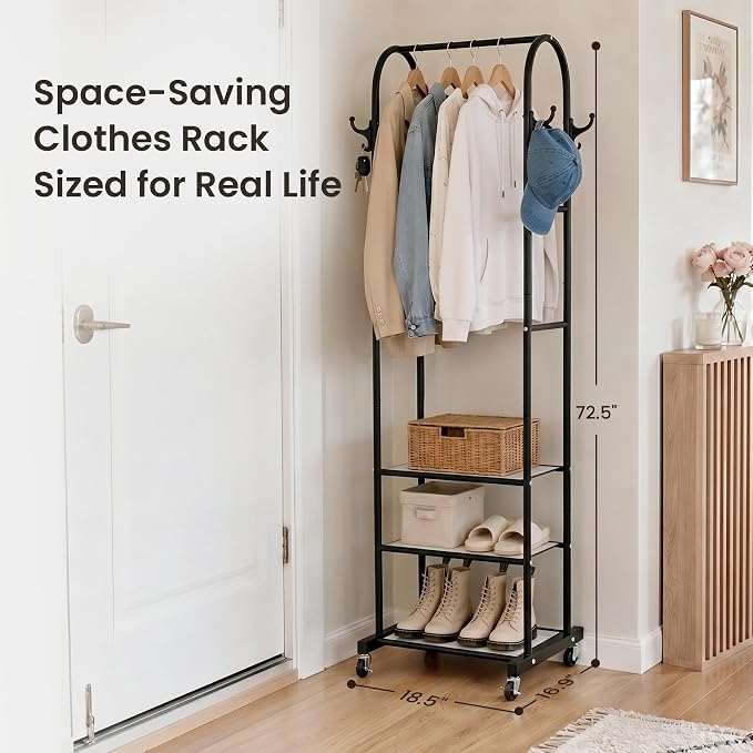 Cesun Heavy Duty Clothes Rack with 3-Tier Mesh Shelves & 8 Hooks, Black | Space-Saving Design, Lockable Wheels, Easy Assembly, Stainless Steel, Small Garment Rack for Entrance/Bedroom/Living Room