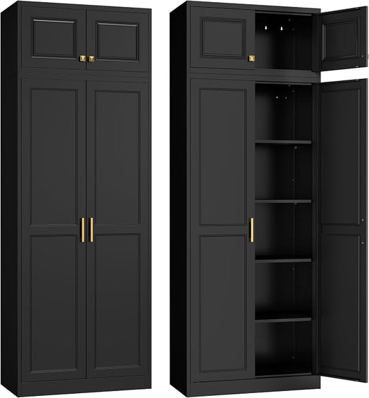 Steeloong 86"Metal Pantry Storage Cabinet with Doors & 4 Adjustable Shelves | Kitchen Pantry Cabinet,Black Kitchen Cabinet with 4 Gold Handles,Tall Cabinet for Livingroom,Pantry, Bathroom,Kitchen,Garage