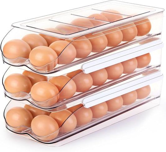 RoskDeewat Egg Holder for Fridge, Automatic Rolling Egg Container -3 Tier | Stackable Fridge Organizers and Storage with Lid, Sturdy Clear Plastic Egg Dispenser & Tray for Refrigerator
