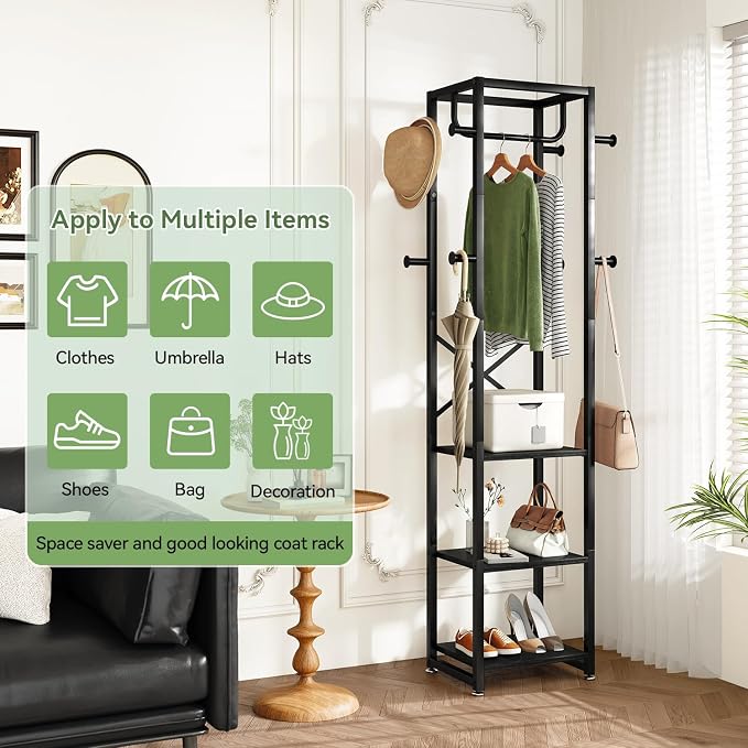 IBUYKE Freestanding Coat Rack,with 3 Shelves and 8 Hooks,Black UTMJ088B | Metal Frame,Industrial Hall Tree,Clothes Stand for Entryway, Hallway, Bedroom,Office, Living Room