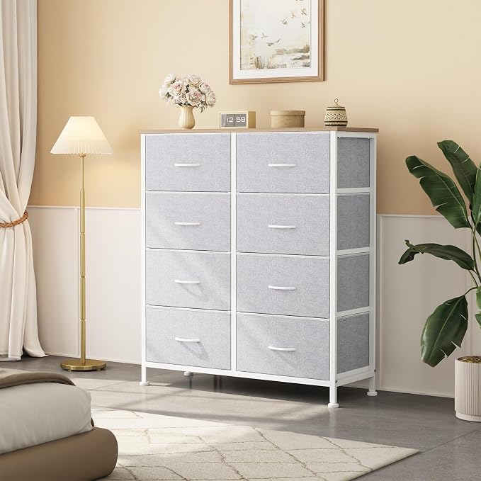 OLIXIS 8 Drawer Storage Dresser for Bedroom, Closet Organizers Units | Fabric Dresser with Wooden Top, Chest of Drawers Clothes Storage, Tower Cabinet, TV Stand Furniture, Light Grey