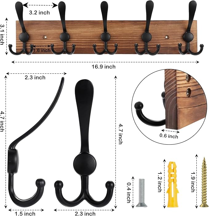 Kuhome Coat Rack Wall Mount Wooden Hat Rack for Wall Hooks Pine Real Wood Plank 16.9" Brown Coat Hanger with 5 Triple Hooks for Hanging Coat Hat Jacket
