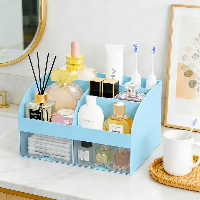 Makeup Organizer with 2 Drawers, Cosmetic Storage for Dresser Vanity and Bathroom Countertop,Make up organization and Skincare Storage with Beauty Brush Holder, Cosmetic Display Case (Blue)