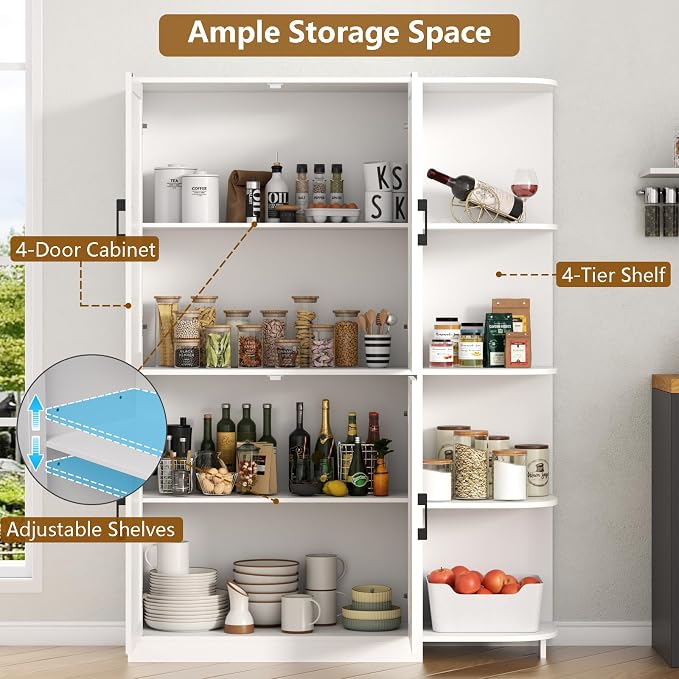 Kitchen Pantry Storage Cabinet, 64" Tall Freestanding Cupboard with Doors & Adjustable Shelves, Food Pantry Cabinet with 5-Tier External Shelf for Dining Room (White)