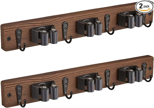 OUTNILI 2 Pack Mop Broom Holder Wall Mount with 3 Slots & 4 Hooks - Rustic Wood Broom Mop Hanger for Pantry Kitchen Organization - Garden Tool Organizer for Closet Laundry Room