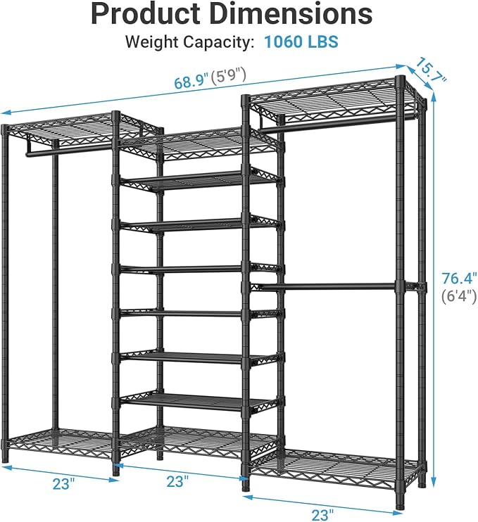 VIPEK S3 Heavy Duty Garment Rack with 8-Tier Shoe Rack, Black | Freestanding Clothes Rack with 3 Hanging Rods, Adjustable Shelves, Large Walk-In Closet Storage Organizer for Bedroom