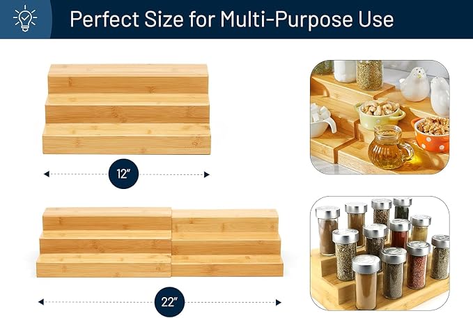 Bamboo Expandable Spice Rack Organizer, 3-Tier Adjustable Kitchen Cabinet | Countertop Display Shelf, Space Organizer for Kitchen and Bathroom (Pack of 2)