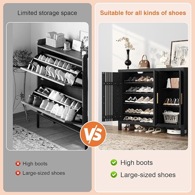 UNIQUITE Wooden Shoes Cabinet with 3 Doors and Adjustable Shelves, Retro Freestanding Shoe Organizer Cabinet for Entryway Hallway Living Room, 5-Tier Shoe Cabinet for 30 Pairs, Black
