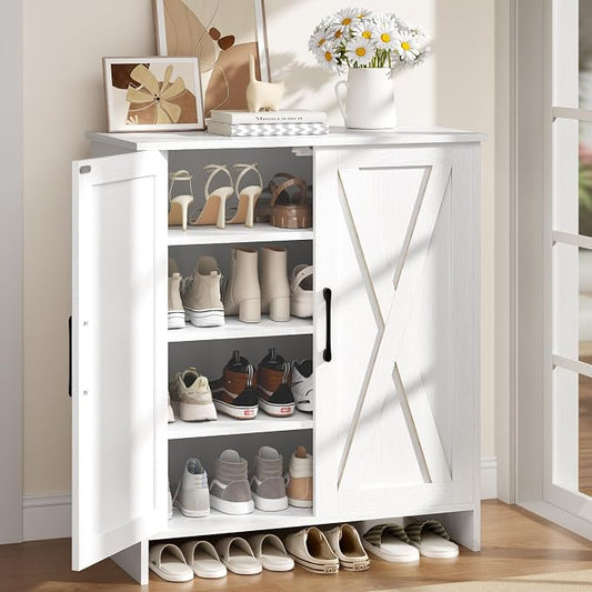 Farmhouse Shoe Storage Cabinet with Doors, 5-Tier Wooden Shoe Cabinet Organizer with 3 Adjustable Shelves, Shoe Rack Shoe Cabinet for Entryway, Hallway, White