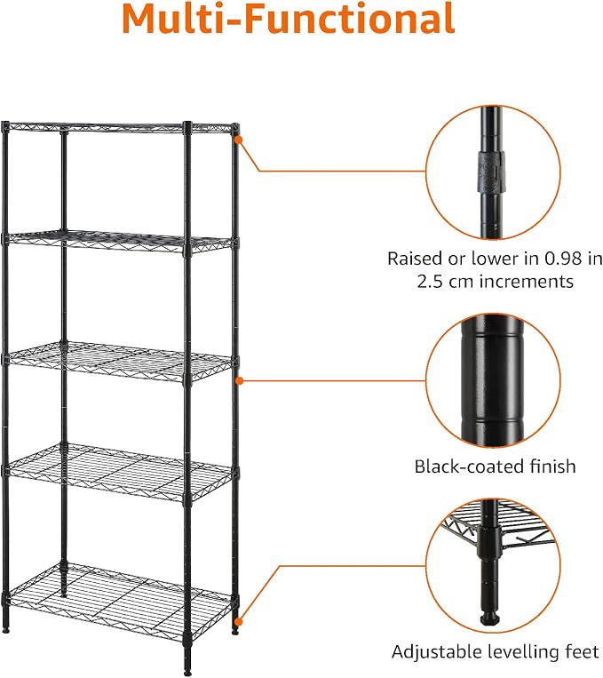Amazon Basics 5-Shelf Multipurpose Adjustable Steel Garage Shelving Unit, Storage Rack for Kitchen, 200 lbs Per Shelf, Easy Assembly, 13.4"D x 23.2"W x 60"H, Black