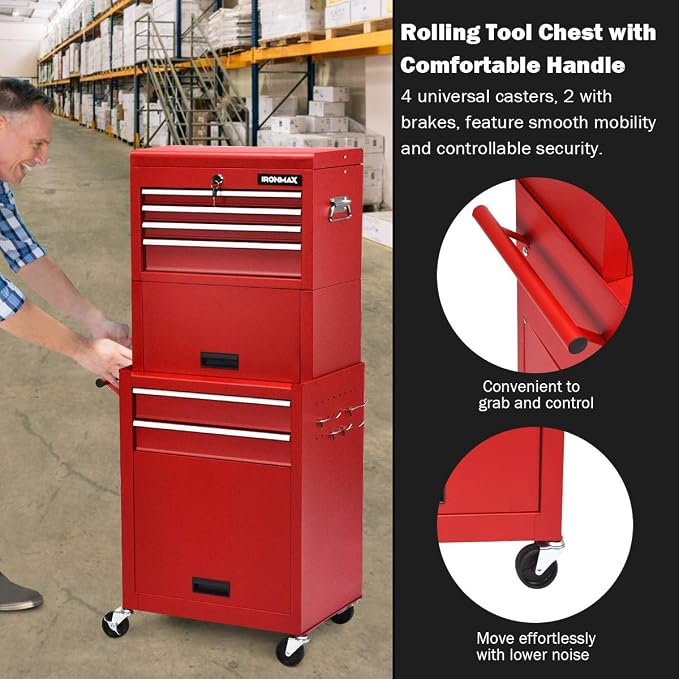 Goplus Tool Chest, 3-in-1 Rolling 6 Drawers Tool Cabinet with Detachable Top Toolbox, Middle Tool Storage, Universal Lockable Wheels, Protective Liner, Auto Lock, Metal Tool Box for Garage Workshop