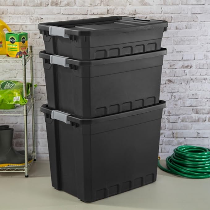 Sterilite 24-Pack Plastic Storage Bins with Lids, Stackable Containers, 10 Gallon, Black