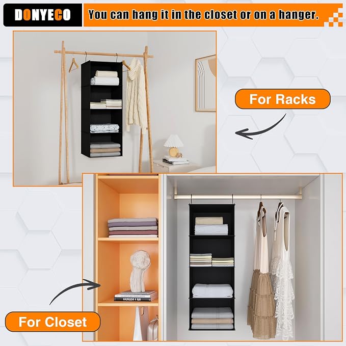 Hanging Closet Organizer 4-Shelf, Oxford Fabric Wardrobe Storage, Black | Easy-mount foldable design holds clothes, handbags, shoes & accessories; washable Oxford fabric, sturdy and space-saving.