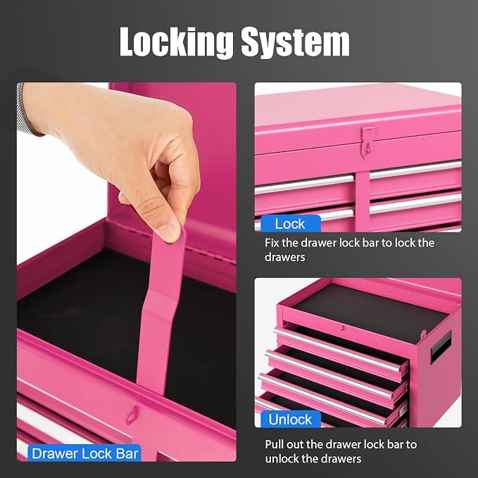 Goplus Pink Tool Chest, 5 Drawers Rolling Tool Cabinet w/Detachable Top Toolbox, Universal Lockable Wheels,Lock Bar,Protective Liner,Tool Rack, Metal Tool Storage Cart, Tool Box for Garage Workshop