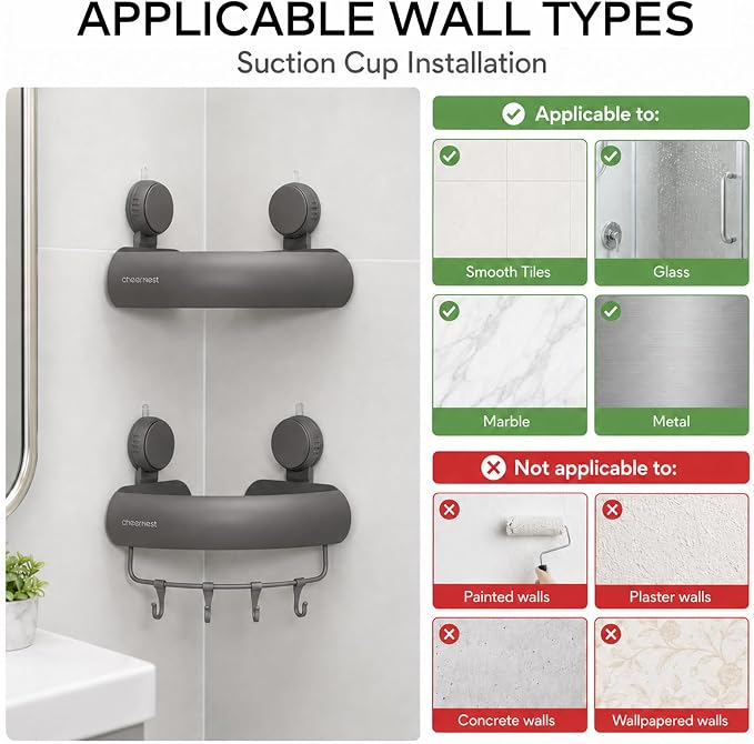 Corner Shower Caddy Suction Cup, Removable Shower Organizer Shelf | 2 Pack, Rustproof Aluminum, Includes Hooks&Hanging Bar, 2 Installation Ways, Wall-Mounted Bathroom Organizer Storage Shelves