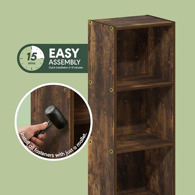 Furinno PASIR Book Shelf, 3-Tier Bookshelf, Open Storage Shelf Bookcase, Easy Assembly, 9" x 12" x 32", for Living Room, Bedroom, Home Office, Amber Pine