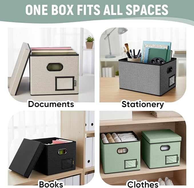 BALEINE File Organizer Box with Lid, Collapsible File Folder Organizer with Plastic Slide, Filing Box for Office Home Document Organizer Storage (Gray, 2PK)