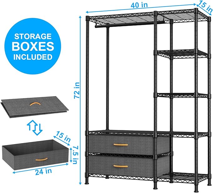 Ulif F3 Heavy Duty Clothes Rack（With Fabric Drawers）Freestanding Clothing Racks for Hanging Clothes，Adjustable Closet Organizer System，Portable Garment Rack 40" W x 15" D x 72" H，Max Load 700LBS，Black