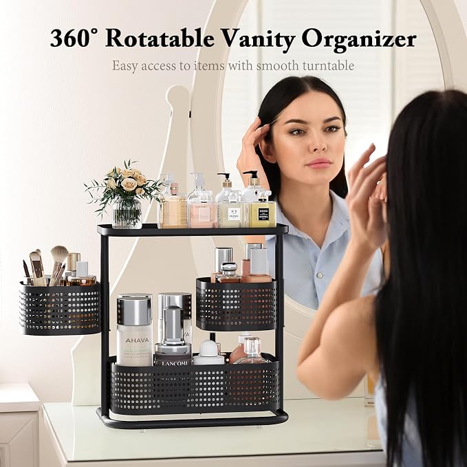 KINGRACK Metal Bathroom Counter Organizer，Rotating Countertop Storage Shelf | 3 Tier, Cosmetic Holder for Skincare & Makeup, Kitchen Spice Rack, Bedroom Nightstand Organizer, Black