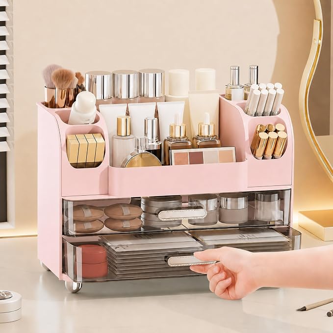 Large Makeup Organizer for Vanity - Perfume Cosmetic Display Cases | Skincare Organizers with 2 Drawers for Bathroom Dresser Desk, Easy to Store Brush Eyeshadow Lipstick Beauty Supplies, Pink