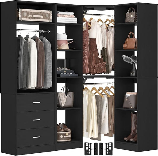 Besiost Corner Closet System with 3 Drawers, Corner Closet Organizer System with 13 Shelves & 3 Hanging Rods, 63.2"L * 39.2"W Reversible L Shaped Walk-in Closets, Load 2000+LBS, Black