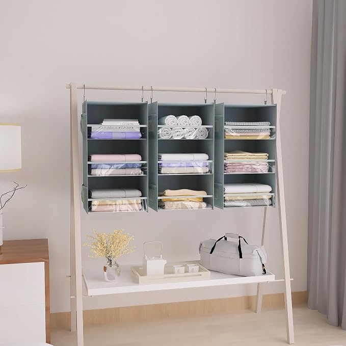 3 Shelf Hanging Closet Organizer Front Lip Design, Wider and Foldable Hanging Closet Wardrobe Storage Shelves with 4 Side Pockes, Clothes Handbag Shoes Accessories Storage, Gray