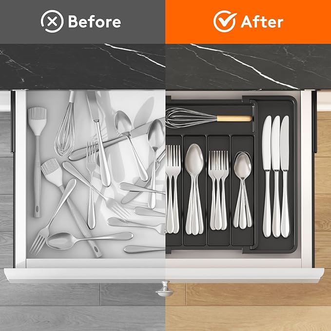 Lifewit Expandable Silverware Organizer, Plastic Utensil Tray for Kitchen Drawer, BPA Free Flatware Cutlery Holder, Space-Saving Storage for Spoons Forks Knives, 8-13.8 x 11.2 x 1.4 inch, Black