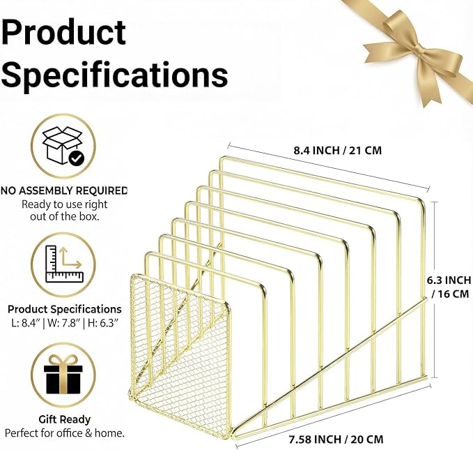 Gold Desk Organizer 7 Slot Inclined Vertical File Folder Holder Sorter with Mesh Front Metal Wire Rack for Mail, Slim Binders, Books Office Organization Desktop Accessories