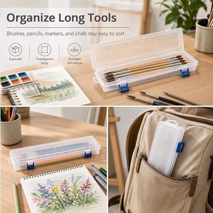 QWORK Translucent Plastic Paint Brush Holder 13" Long (33x7x3.5cm) – Clear Storage Box with Snap Closure for Art Supplies, Watercolor Pens & Drawing Tools Organizer