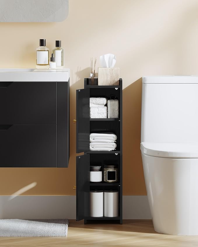 Hzuaneri Bathroom Storage Cabinet, Small Corner Floor Cabinet with 2 Doors | Narrow Toilet Paper Cabinets with Adjustable Shelf, Bathroom Organizer for Small Spaces, 7.9" D x 7.9" W x 29.5" H Black