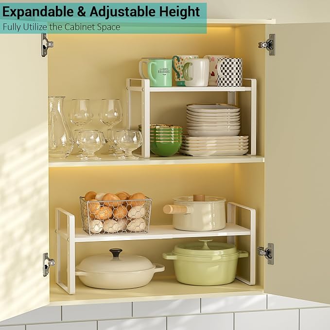 2 Pack Expandable Cabinet Organizer Shelves, 88lbs High Weight Capacity, Stackable Heavy-Duty Metal Storage Rack, Adjustable Cabinet Shelf for Kitchen, Pantry, Cupboard, Under Sink, White