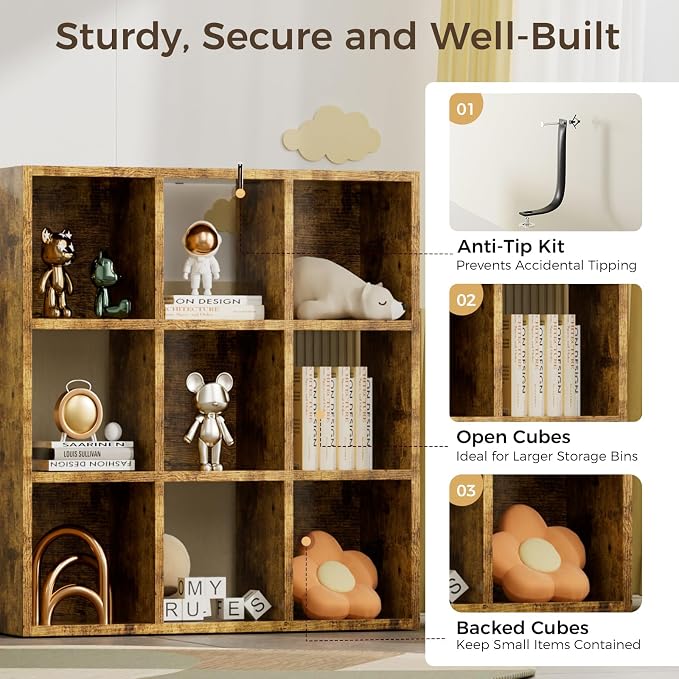 COMHOMA 9 Wood Cube Storage Organizer with Open Back and Removable Back Panels, 11In Brown Cube Storage Bookshelf, Cubicle Shelf Bookcase for Home Office Bedroom Living Room, Vertical or Horizontal