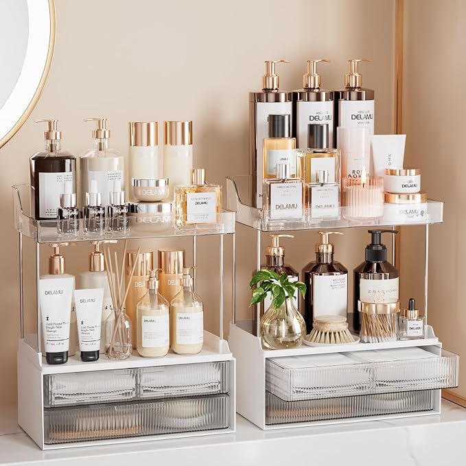 Delamu 4-Tier Makeup Organizer, Bathroom Counter, 2 Drawers,Clear 2Pack | Elegant Vanity Organizer Gift for Women, Holds Perfume, Skincare, Nail Polish & Hair Accessories for Bathroom Countertop